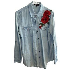 Denim‎ Looking Women’s Western Style Button Up Shirt with embroidered Roses.